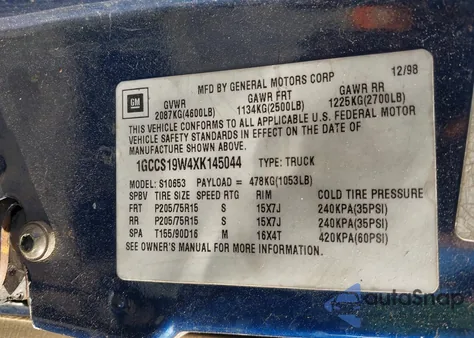 1999 Chevrolet S-10 Ls z USA, uszkodzony, nr VIN 1GCCS19W4XK145044